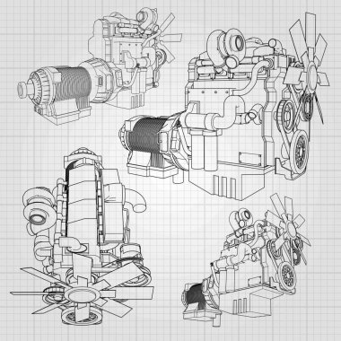Grafik kağıdı kontur satırları tasvir kamyon ile büyük bir dizel motor. Siyah çizgi gri arka plan üzerinde kıvrımlarına.