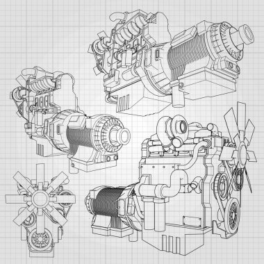 Grafik kağıdı kontur satırları tasvir kamyon ile büyük bir dizel motor. Siyah çizgi gri arka plan üzerinde kıvrımlarına.