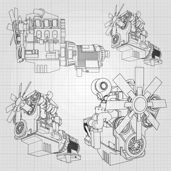 等高線グラフ紙の上に描かれているトラックと大きなディーゼル エンジン。灰色の背景に黒のラインの輪郭 — ストックベクタ