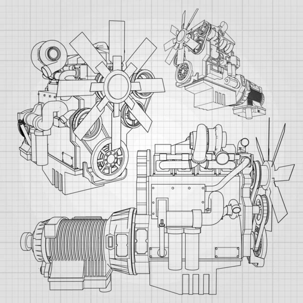 等高線グラフ紙の上に描かれているトラックと大きなディーゼル エンジン。灰色の背景に黒のラインの輪郭. — ストックベクタ