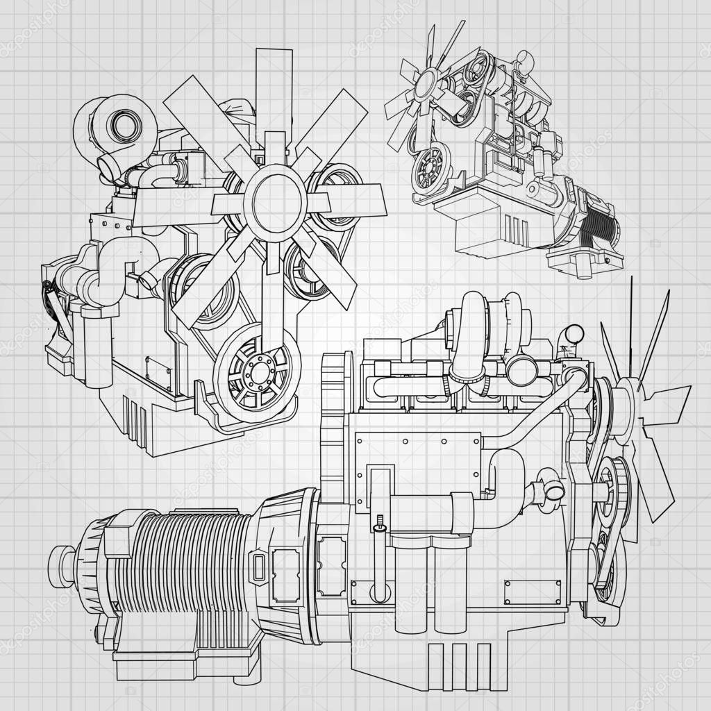 A big diesel engine with the truck depicted in the contour lines on graph paper. The contours of the black line on the grey background.