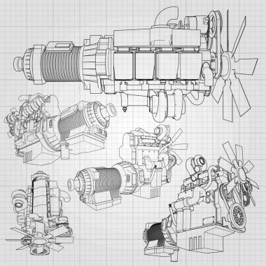 Grafik kağıdı kontur satırları tasvir kamyon ile büyük bir dizel motor. Siyah çizgi gri arka plan üzerinde kıvrımlarına.