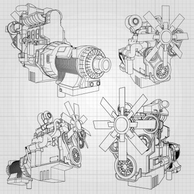 Grafik kağıdı kontur satırları tasvir kamyon ile büyük bir dizel motor. Siyah çizgi gri arka plan üzerinde kıvrımlarına.