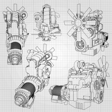 Grafik kağıdı kontur satırları tasvir kamyon ile büyük bir dizel motor. Siyah çizgi gri arka plan üzerinde kıvrımlarına.
