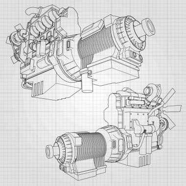 Grafik kağıdı kontur satırları tasvir kamyon ile büyük bir dizel motor. Siyah çizgi gri arka plan üzerinde kıvrımlarına.