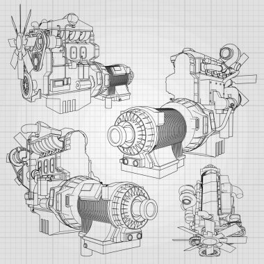 Grafik kağıdı kontur satırları tasvir kamyon ile büyük bir dizel motor. Siyah çizgi gri arka plan üzerinde kıvrımlarına.