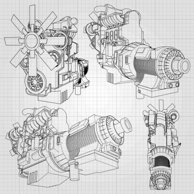 Grafik kağıdı kontur satırları tasvir kamyon ile büyük bir dizel motor. Siyah çizgi gri arka plan üzerinde kıvrımlarına.