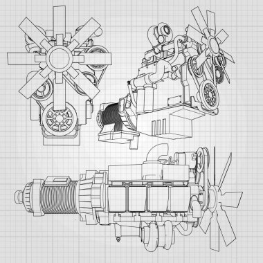 Grafik kağıdı kontur satırları tasvir kamyon ile büyük bir dizel motor. Siyah çizgi gri arka plan üzerinde kıvrımlarına.
