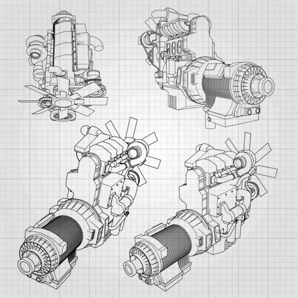 Un gran motor diesel con el camión representado en las líneas de contorno en papel gráfico. Los contornos de la línea negra sobre el fondo gris . — Vector de stock