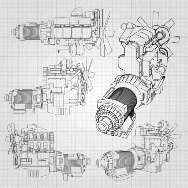 等高線グラフ紙の上に描かれているトラックと大きなディーゼル エンジン。灰色の背景に黒のラインの輪郭. — ストックベクタ