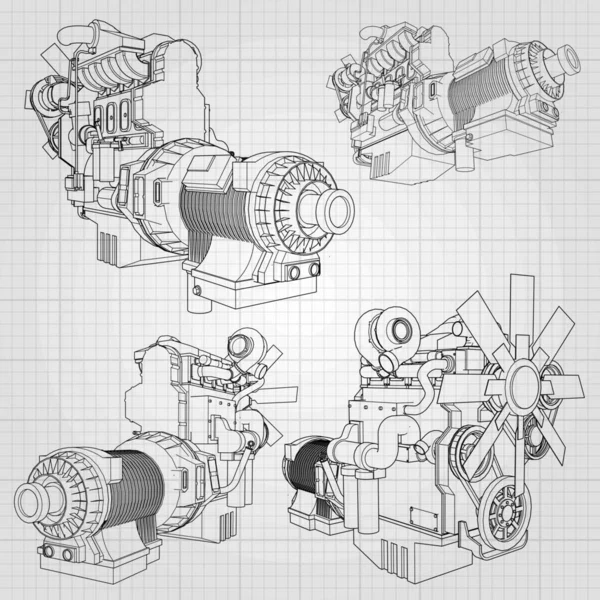 A big diesel engine with the truck depicted in the contour lines on graph paper. The contours of the black line on the grey background. — Stock Vector