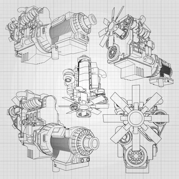 等高線グラフ紙の上に描かれているトラックと大きなディーゼル エンジン。灰色の背景に黒のラインの輪郭. — ストックベクタ