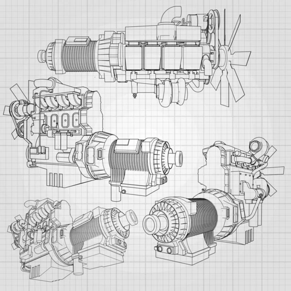 Grafik kağıdı kontur satırları tasvir kamyon ile büyük bir dizel motor. Siyah çizgi gri arka plan üzerinde kıvrımlarına. — Stok Vektör