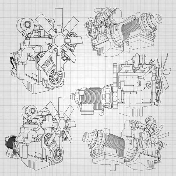 Grafik kağıdı kontur satırları tasvir kamyon ile büyük bir dizel motor. Siyah çizgi gri arka plan üzerinde kıvrımlarına. — Stok Vektör