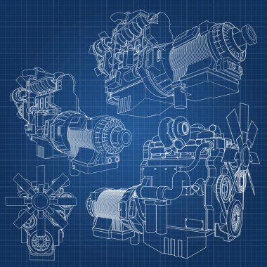 Grafik kağıdı kontur satırları tasvir kamyon ile büyük bir dizel motor. Siyah çizgi mavi arka plan üzerinde kıvrımlarına.