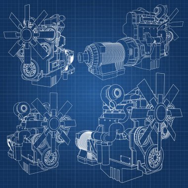 Grafik kağıdı kontur satırları tasvir kamyon ile büyük bir dizel motor. Siyah çizgi mavi arka plan üzerinde kıvrımlarına.