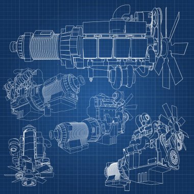 Grafik kağıdı kontur satırları tasvir kamyon ile büyük bir dizel motor. Siyah çizgi mavi arka plan üzerinde kıvrımlarına.