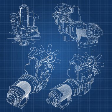 Grafik kağıdı kontur satırları tasvir kamyon ile büyük bir dizel motor. Siyah çizgi mavi arka plan üzerinde kıvrımlarına.
