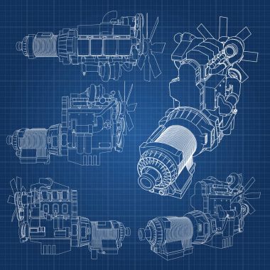 Grafik kağıdı kontur satırları tasvir kamyon ile büyük bir dizel motor. Siyah çizgi mavi arka plan üzerinde kıvrımlarına.