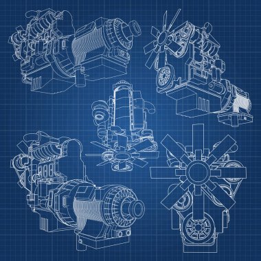 Grafik kağıdı kontur satırları tasvir kamyon ile büyük bir dizel motor. Siyah çizgi mavi arka plan üzerinde kıvrımlarına.