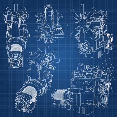 Grafik kağıdı kontur satırları tasvir kamyon ile büyük bir dizel motor. Siyah çizgi mavi arka plan üzerinde kıvrımlarına.