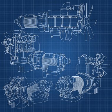 Grafik kağıdı kontur satırları tasvir kamyon ile büyük bir dizel motor. Siyah çizgi mavi arka plan üzerinde kıvrımlarına.