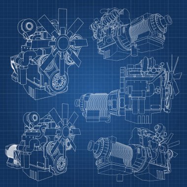 Grafik kağıdı kontur satırları tasvir kamyon ile büyük bir dizel motor. Siyah çizgi mavi arka plan üzerinde kıvrımlarına.