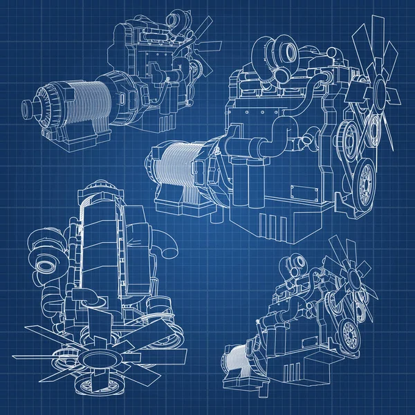 Un gran motor diesel con el camión representado en las líneas de contorno en papel gráfico. Los contornos de la línea negra sobre el fondo azul . — Archivo Imágenes Vectoriales