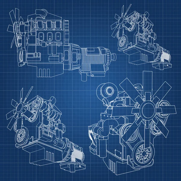 Un gran motor diesel con el camión representado en las líneas de contorno en papel gráfico. Los contornos de la línea negra sobre el fondo azul . — Archivo Imágenes Vectoriales