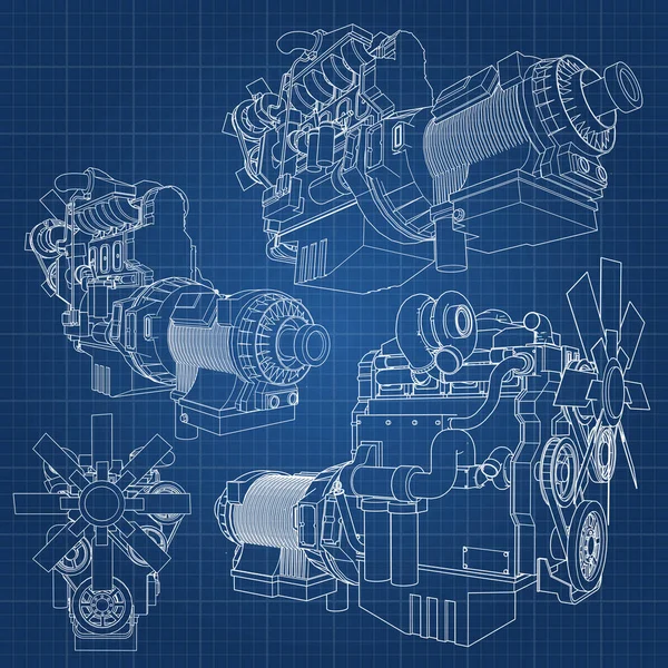 Einen großen Dieselmotor mit dem LKW, der in den Höhenlinien auf Graphikpapier abgebildet ist. die Konturen der schwarzen Linie auf dem blauen Hintergrund. — Stockvektor