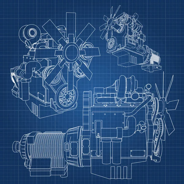 Grafik kağıdı kontur satırları tasvir kamyon ile büyük bir dizel motor. Siyah çizgi mavi arka plan üzerinde kıvrımlarına.