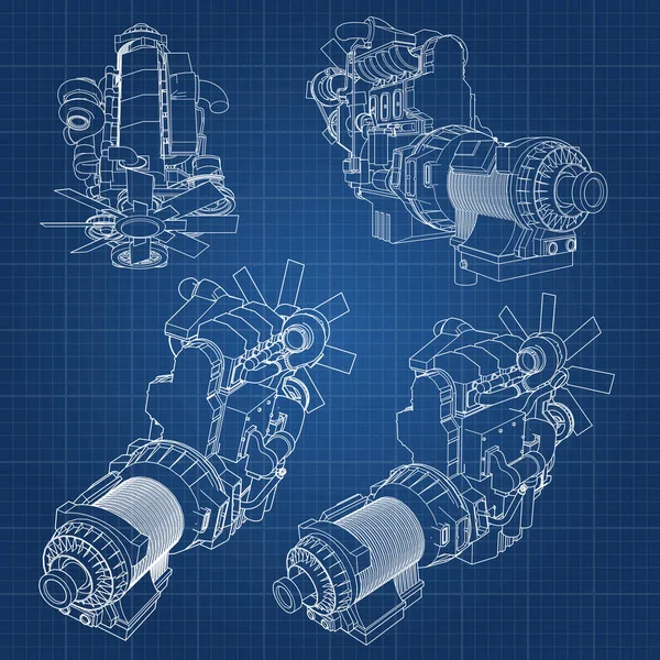 Grafik kağıdı kontur satırları tasvir kamyon ile büyük bir dizel motor. Siyah çizgi mavi arka plan üzerinde kıvrımlarına.