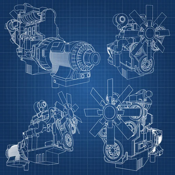 Un gran motor diesel con el camión representado en las líneas de contorno en papel gráfico. Los contornos de la línea negra sobre el fondo azul . — Vector de stock