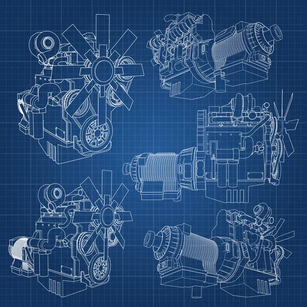 Een grote dieselmotor met de truck afgebeeld in de contour lijnen op grafiek papier. De contouren van de zwarte lijn op de blauwe achtergrond. — Stockvector