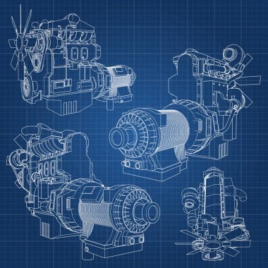 Grafik kağıdı kontur satırları tasvir kamyon ile büyük bir dizel motor. Siyah çizgi mavi arka plan üzerinde kıvrımlarına.
