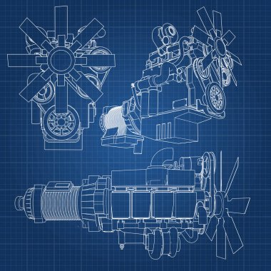 Grafik kağıdı kontur satırları tasvir kamyon ile büyük bir dizel motor. Siyah çizgi mavi arka plan üzerinde kıvrımlarına.