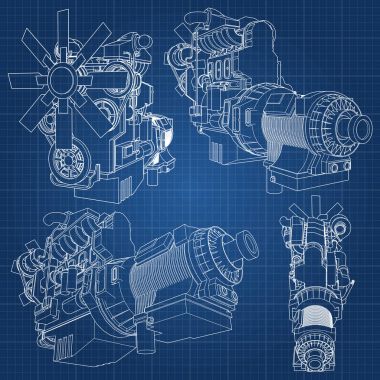 Grafik kağıdı kontur satırları tasvir kamyon ile büyük bir dizel motor. Siyah çizgi mavi arka plan üzerinde kıvrımlarına.