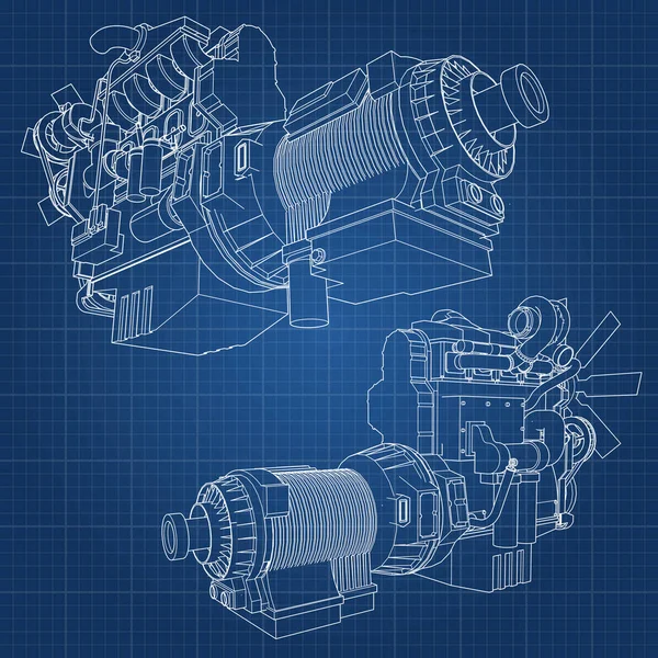 Een grote dieselmotor met de truck afgebeeld in de contour lijnen op grafiek papier. De contouren van de zwarte lijn op de blauwe achtergrond. — Stockvector