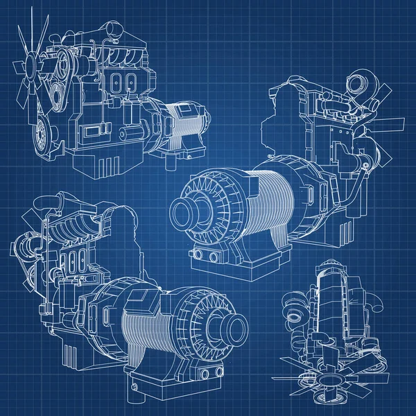 Een grote dieselmotor met de truck afgebeeld in de contour lijnen op grafiek papier. De contouren van de zwarte lijn op de blauwe achtergrond. — Stockvector