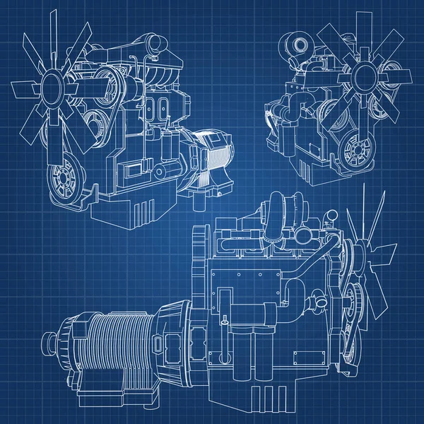 Een grote dieselmotor met de truck afgebeeld in de contour lijnen op grafiek papier. De contouren van de zwarte lijn op de blauwe achtergrond. — Stockvector