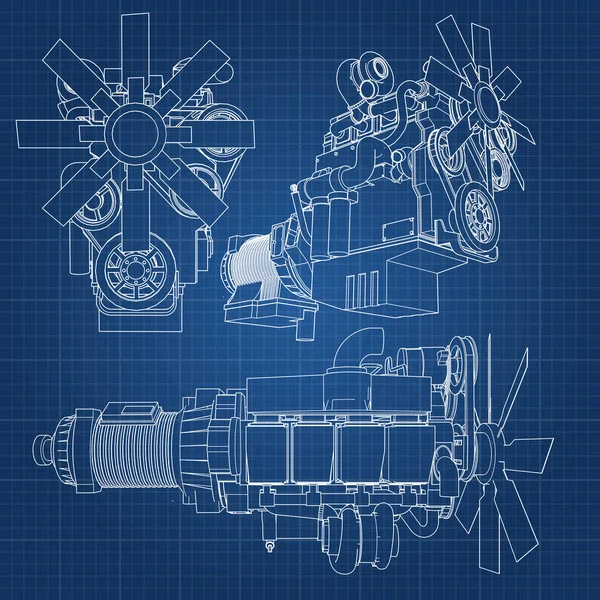 Een grote dieselmotor met de truck afgebeeld in de contour lijnen op grafiek papier. De contouren van de zwarte lijn op de blauwe achtergrond. — Stockvector