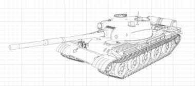 Tank vektör çizim Eps 10. Askeri makine grafik kağıdı kontur satırları. Siyah çizgi beyaz arka plan üzerinde kıvrımlarına.
