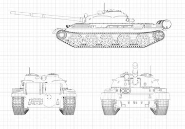 Tank vektör çizim Eps 10. Askeri makine grafik kağıdı kontur satırları. Siyah çizgi beyaz arka plan üzerinde kıvrımlarına.