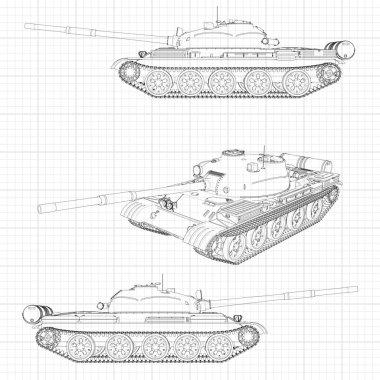 Tank vektör çizim Eps 10. Askeri makine grafik kağıdı kontur satırları. Siyah çizgi beyaz arka plan üzerinde kıvrımlarına.