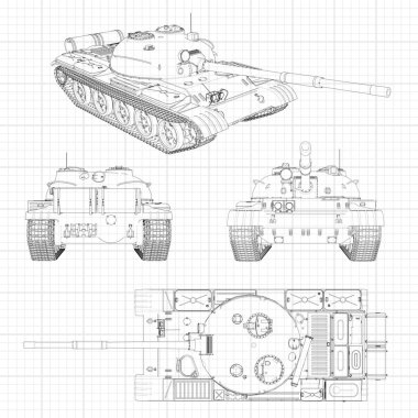 Tank vektör çizim Eps 10. Askeri makine grafik kağıdı kontur satırları. Siyah çizgi beyaz arka plan üzerinde kıvrımlarına.