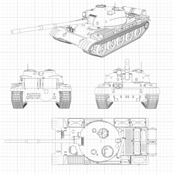 Tank vectorillustratie EPS-10. Militaire machine in de contour lijnen op grafiek papier. De contouren van de zwarte lijn op de witte achtergrond. — Stockvector