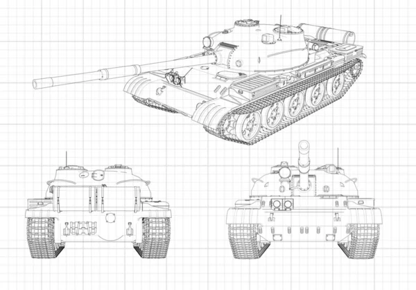 Векторная иллюстрация танка EPS 10. Военная машина в контурных линиях на графиковой бумаге. Контуры черной линии на белом фоне . — стоковый вектор
