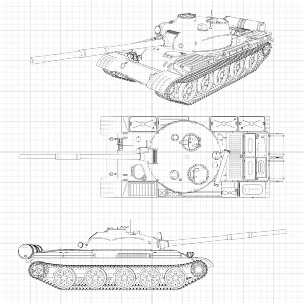 탱크 벡터 일러스트 Eps 10입니다. 그래프 용지에 등고선에 군사 기계. 흰색 바탕에 검은 선의 윤곽. — 스톡 벡터
