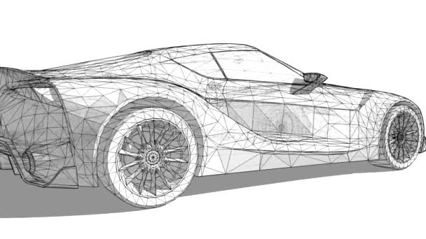 Das polygonale Maschenmodell des Konzeptautos der Zukunft. Demonstrationsfahrzeuge für neue Technologien. die Kamera bewegt sich weit und breit um das Objekt. — Stockvideo