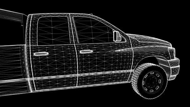 A three-dimensional model of a pickup truck in the form of a polygon mesh object. The camera moves makes the flyby. — Stock Video